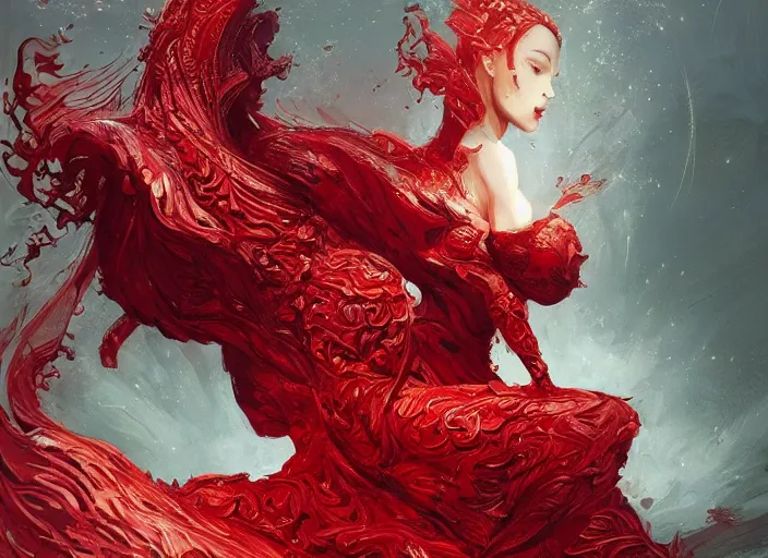 Image similar to woman in love sit upon a scarlet coloured beast, pain, royal dress, light effect, hyper detailed, intricate, atmospheric, elegant, highly detailed, digital painting, artstation, concept art, matte, sharp focus, illustration, by james jean, andrei riabovitchev, marc simonetti, yoshitaka amano