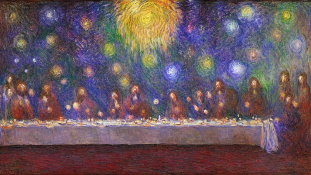 Prompt: the last supper claude monet, space, stars, nebula explosion, milky way, galaxy, galactic, digital art.