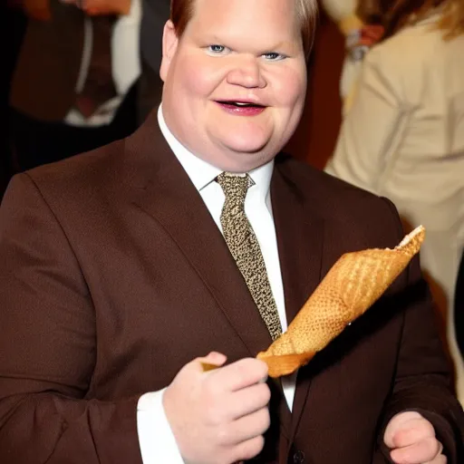 Prompt: Andy Richter is wearing a chocolate brown suit and necktie, eating an ice cream cone.