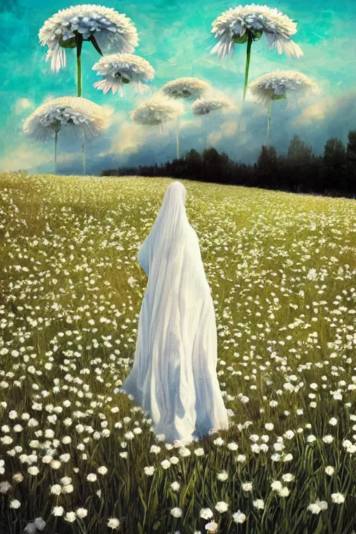 Image similar to giant white daisy flowers as head, veiled girl walking in a flower field, surreal photography, sunrise, dramatic light, impressionist painting, colorful clouds, digital painting, artstation, simon stalenhag