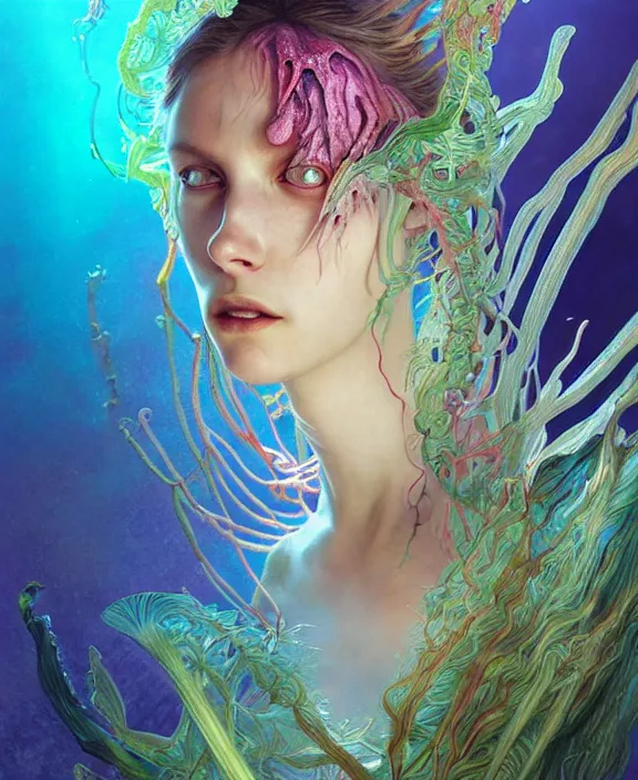 Image similar to filigreed colorful transparent portrait of a terrifying beautiful alien sea creature, fronds, mottled coloring, botany, adorable, childlike, horror environment, ultra realistic, concept art, art nouveau, photorealistic, octane render, 8 k, unreal engine. art by christopher marley and artgerm and greg rutkowski and alphonse mucha