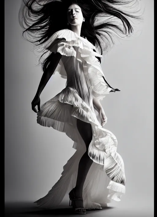 Image similar to a full body portrait of a woman by justin ridler wearing an intricate billowing dress, face in the style of irakli nadar