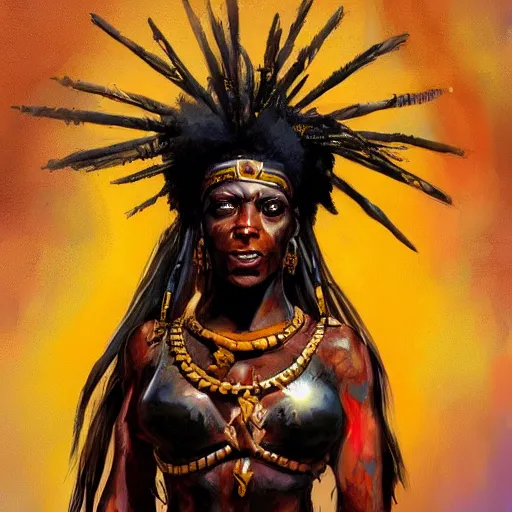 Image similar to African Warrior Priestess with Shining Eyes, by Simon Bisley and Jeff Simpson