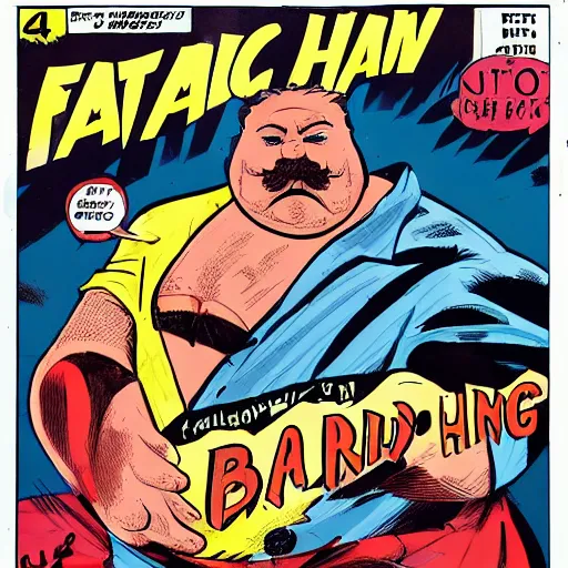 Prompt: A fat man with a fade haircut and a mustache as a comic book hero fighting off evil,, 4k, comic book cover