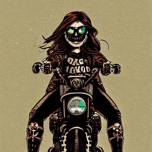 Image similar to portrait skull girl biker by petros afshar, tom whalen, laurie greasley, jc leyendecker and singer sargent