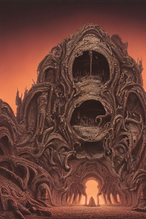 Image similar to sci - fi concrete alien eldritch demonic baroque rococo gothic architecture in hell, babylonian, ziggurat, zaha hadid, beksinski, wayne barlowe, oil painting, photoreal, highly detailed, 8 k, hd, vray, artstation, cinematic matte painting, extreme detail photo quality, sunset, featured on behance