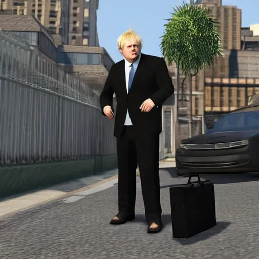 Prompt: Boris Johnson holding a black briefcase, GTA V style