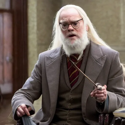 Prompt: dwight schrute playing dumbledore in a harry potter movie