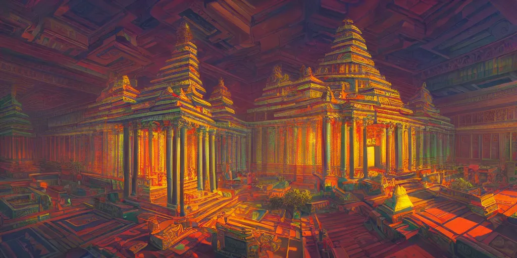 Image similar to temple dedicated to artificial intelligence, by Naomi Okubo, landscape, dramatic lighting, high contrast colors, panoramic view, as trending on Artstation,