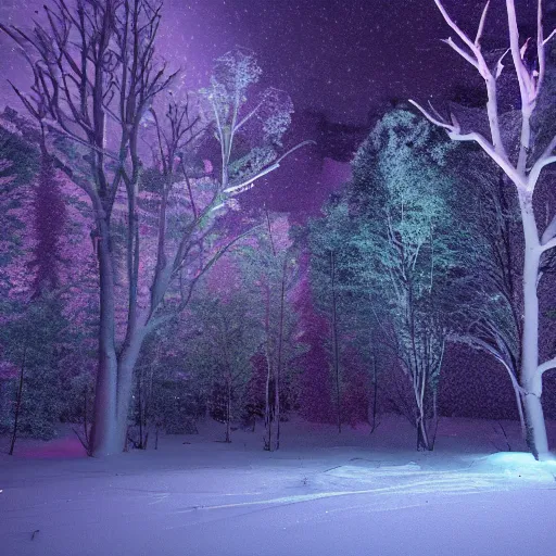 Image similar to landscape, dramatic lighting, octane render, volumetric lighting, artbreeder, snowy rainbow woods at night