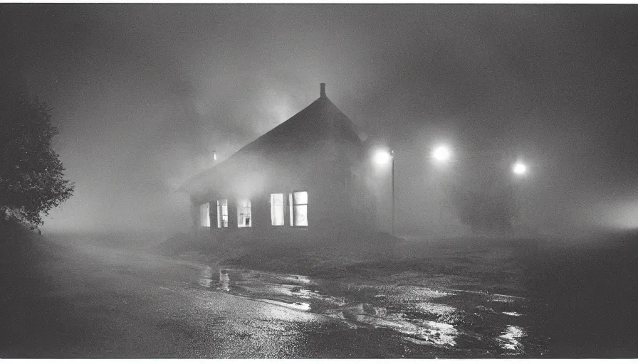 Image similar to 1 9 7 0 s movie still of a heavy burning french style little house in a small north french village by night, rainy, foggy, in winter, cinestill 8 0 0 t 3 5 mm, heavy grain, high quality, high detail, dramatic light, anamorphic, flares