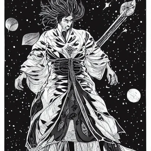 Image similar to black and white pen and ink!!!!!!! Johnny Depp x Ryan Gosling wearing cosmic space robes made of stars final form flowing royal hair golden!!!! Vagabond!!!!!!!! floating magic swordsman!!!! glides through a beautiful!!!!!!! Camellia flower battlefield dramatic esoteric!!!!!! Long hair flowing dancing illustrated in high detail!!!!!!!! by Moebius and Hiroya Oku!!!!!!!!! graphic novel published on 2049 award winning!!!! full body portrait!!!!! action exposition manga panel black and white Shonen Jump issue by David Lynch eraserhead and beautiful line art Hirohiko Araki!! Rossetti, Millais, Mucha, Jojo's Bizzare Adventure