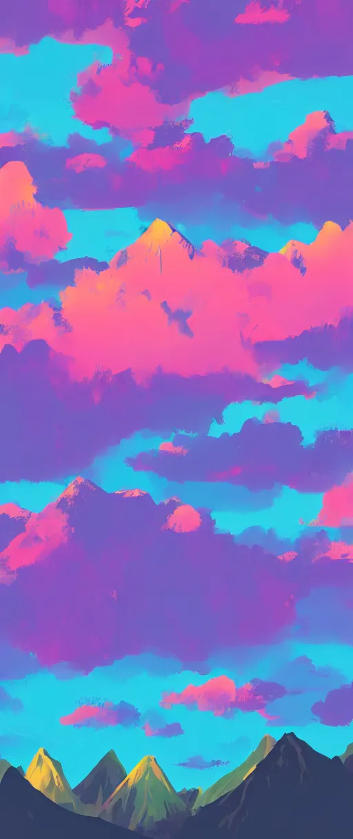 Prompt: A beautiful aesthetic landscape of towering mountains with a sky full of clouds, brightly lit, digital art, 4k magenta color pallete