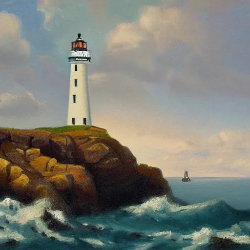 Image similar to painting of a coastal landscape with a lighthouse, by Aleksander Rostov