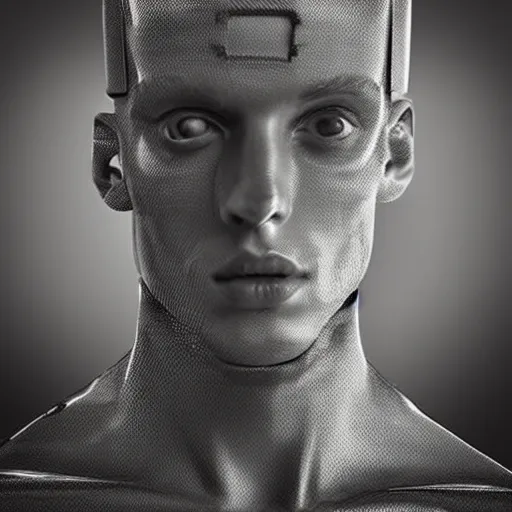 Image similar to “a realistic detailed photo of a guy who is an attractive humanoid who is half robot and half humanoid, who is a male android, rapper MGK, shiny skin, posing like a statue, blank stare”