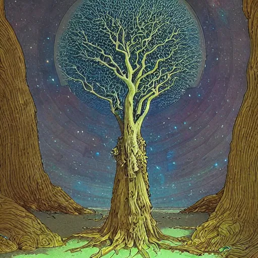 Prompt: a large tree rooted in a galactic crystal floating in space, by moebius
