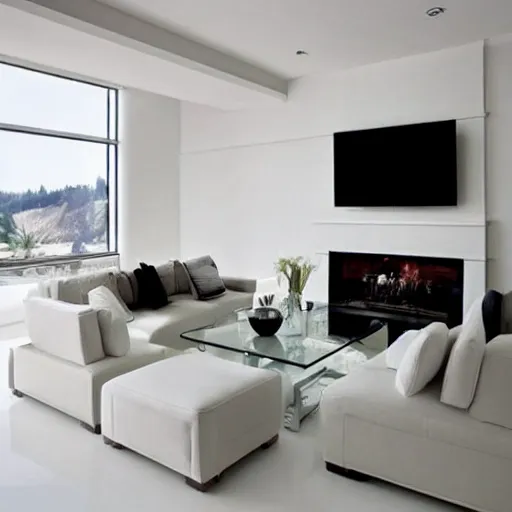 Prompt: beautiful glass table in a modern luxurious zen white minimalist brick livingroom