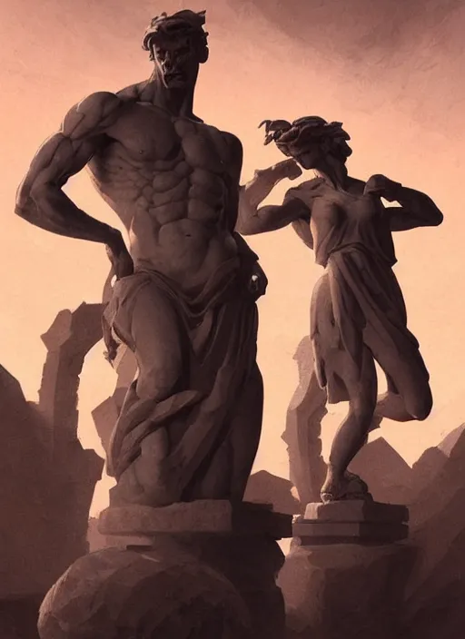 Prompt: ancient greco roman stone statues in a dark landscape, epic lighting, in the style of artgerm and charlie bowater and atey ghailan and mike mignola, vibrant colors and hard shadows and strong rim light, comic cover art, plain background, trending on artstation