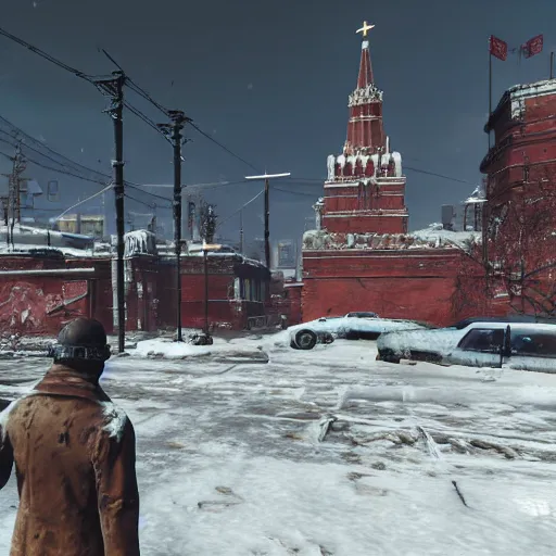 Prompt: Moscow Red Square post-nuclear war in the snow in Fallout 4, in game screenshot