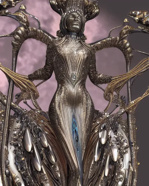 Image similar to a highly detailed metahuman 4 k close up render of an alien goddess bella hadid monument medieval in iris van herpen dress schiaparelli in diamonds crystals swarovski and jewelry iridescent in style of alphonse mucha gustav klimt trending on artstation made in unreal engine 4