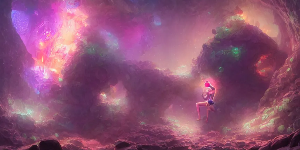 Image similar to crystal golem creature, purple orange pink colors, underwater coral cavern background, concept art, beautiful lights, d & d, fantasy, highly detailed, masterpiece, volumetric lighting, digital painting, artstation, smooth, sharp focus, illustration, art by artgerm, by greg rutkowski