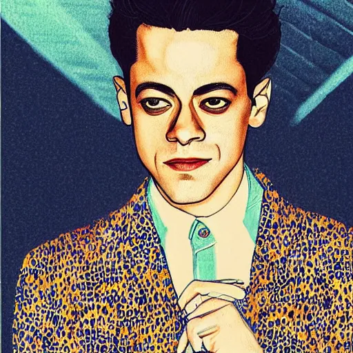 Prompt: “ rami malek portrait by ikenaga yasunari and ayana otake and ko rakusui, 6 0 s poster, drawing, realistic, sharp focus, japanese, dreamy, nostalgia, faded, golden hues, floral clothes ”