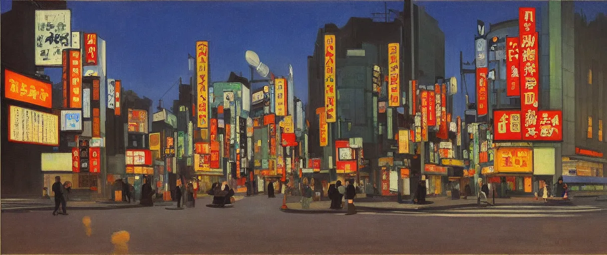 Prompt: an edward hopper style painting of a busy road in tokyo shibuya, spring, night