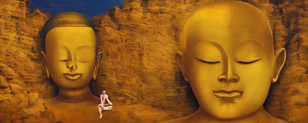 Image similar to a surreal golden painting of a man meditationg on a cliff where he sees giant buddahs eyes floating in the desert