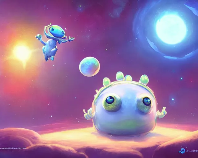 Image similar to 3D Fantasy Cute and adorable small alien piggy in space, huge adorable eyes, bright stars, Smooth 3D Illustration, soft render, Servando Lupini, Daniil Kudriavtsev, handpaint texture, Blender, 3DCoat