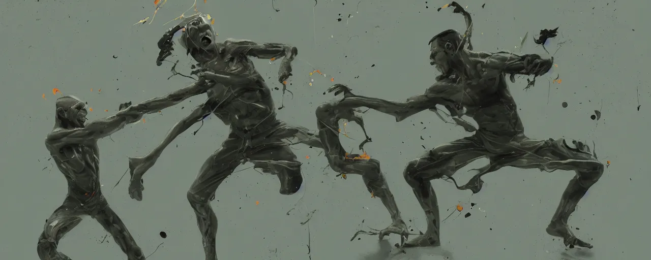 Image similar to duotone olive green grey illustration 3 / 4 portrait of gollum fighting in bruce lee style. dynamic chaotic composition accidental renaissance golden ratio. by sachin teng and sergey kolesov and ruan jia and heng z. graffiti art, scifi, fantasy, hyper detailed. octane render. concept art. trending on artstation