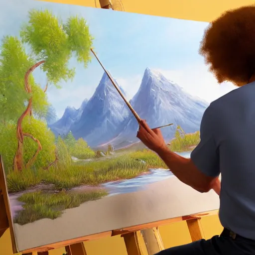 Image similar to a closeup photorealistic photograph of bob ross working on a canvas painting of aquaman. film still. brightly lit scene. mountains and trees. this 4 k hd image is trending on artstation, featured on behance, well - rendered, extra crisp, features intricate detail, epic composition and the style of unreal engine.