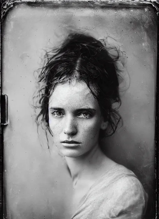 Image similar to portrait of a young women with beautiful eyes, photo realistic, elegant, award winning photograph, parallax, cinematic lighting, ambrotype wet plate collodion by richard avedon and shane balkowitsch