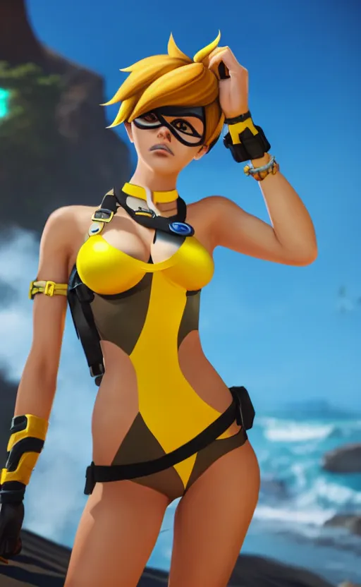 Image similar to tracer game character, in yellow bikini, blonde hair, black eyes, full height