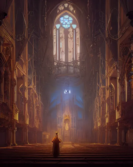 Image similar to highly detailed surreal vfx portrait of a steampunk priest in a steampunk cathedral, stephen bliss, unreal engine, greg rutkowski, loish, rhads, beeple, makoto shinkai and lois van baarle, ilya kuvshinov, rossdraws, tom bagshaw, alphonse mucha, global illumination, detailed and intricate environment