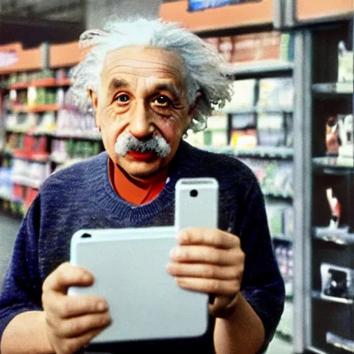 Image similar to colorized photo of Albert Einstein holding a smartphone in Walmart, 4k