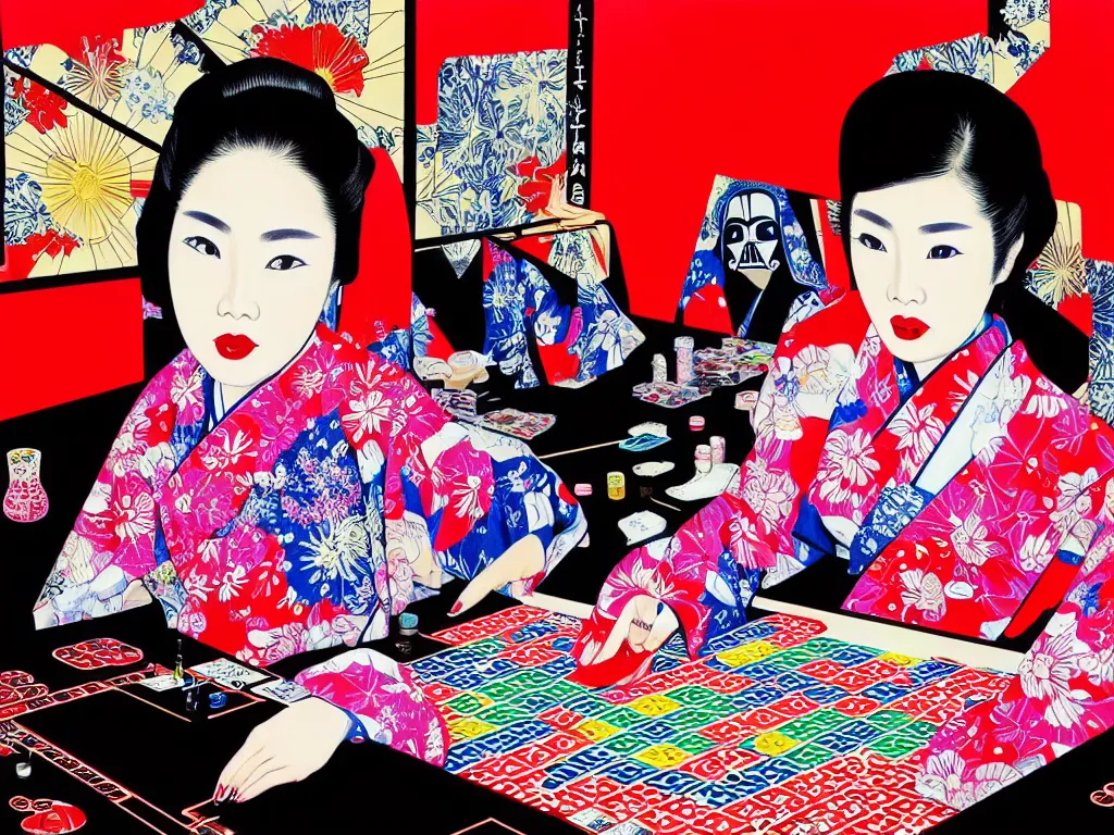 Image similar to hyperrealism composition of the detailed woman in a japanese kimono sitting at an extremely detailed poker table with darth vader, fireworks and folding screen on the background, pop - art style, jacky tsai style, andy warhol style, acrylic on canvas