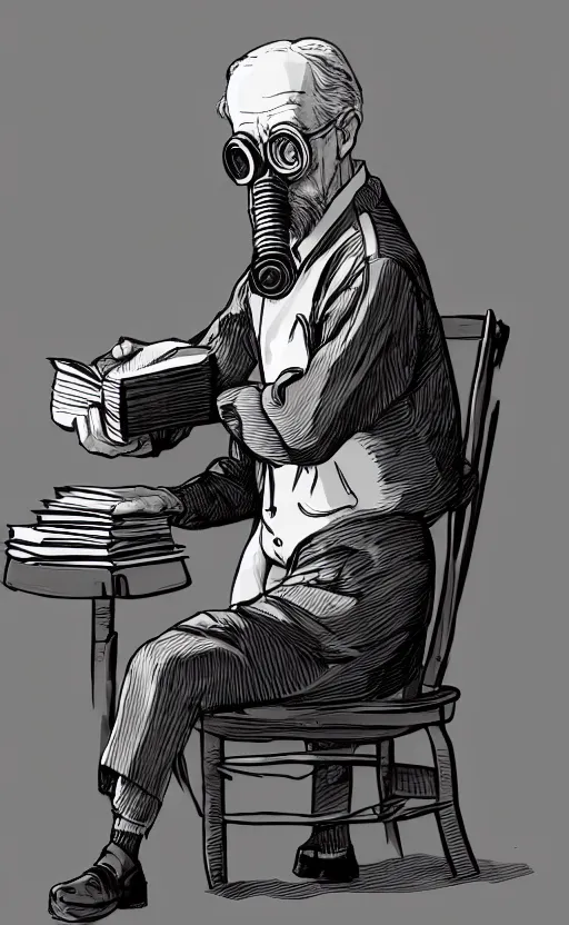 Image similar to old man, work, vintage dress, sittin, chair, book, gasmask, do what we can, then leave it to god, non fiction, stability, intricate, elegant, 8 k uhd, justify content center, artstation, concept art, matte, sharp focus, illustration, art by paul lung