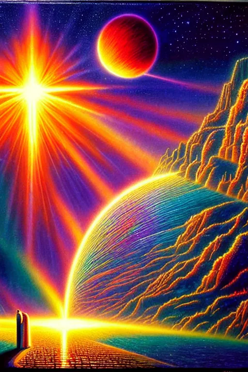 Prompt: a photorealistic detailed image of a beautiful vibrant iridescent future for human evolution, spiritual science, divinity, utopian, entrance to the afterlife, a dimension outside of time by david a. hardy, kinkade, lisa frank, wpa, public works mural, socialist