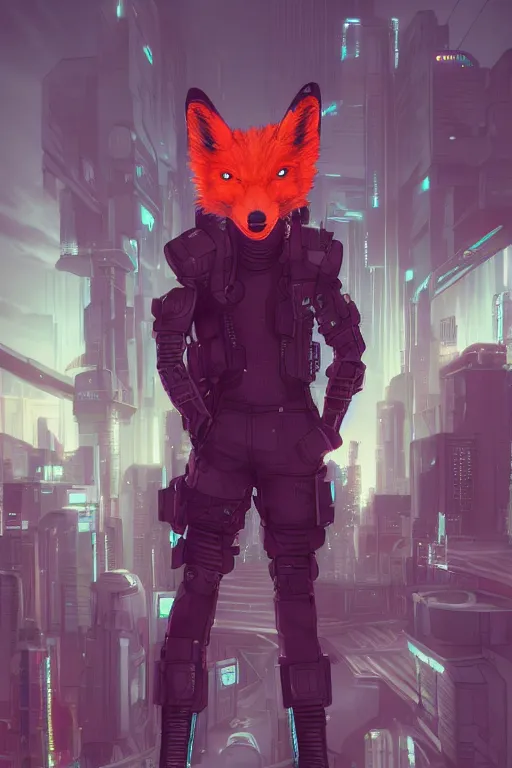 Image similar to a cyberpunk anthropomorphic fox with a fluffy tail staring over a futuristic city from the top of a roof, comic art, trending on furaffinity, cyberpunk, backlighting, cartoon, by kawacy