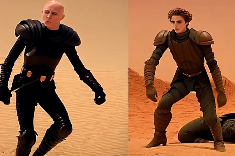 Prompt: dagger-fight: profile of bald_hairless_Austin_Butler_as_Feyd-Rautha_Harkonnen versus profile of Timothee_Chalamet_as_Paul_Atreides, in an arena fight-pit, film still from movie Dune-2021, golden ratio