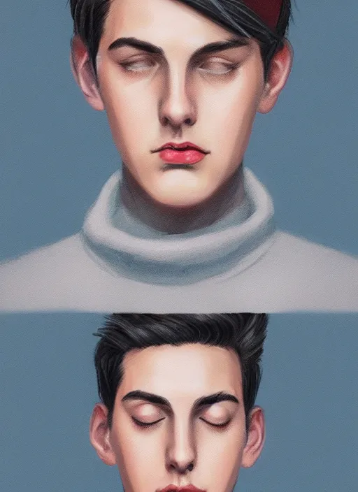 Image similar to portrait of teenage jughead jones wearing a light grey crown, crown, blue turtleneck, 1 9 5 0 s, closed eyes, photorealistic, black hair, glowing lighting, intricate, elegant, glowing lights, highly detailed, digital painting, artstation, concept art, smooth, sharp focus, illustration, art by wlop, mars ravelo and greg rutkowski