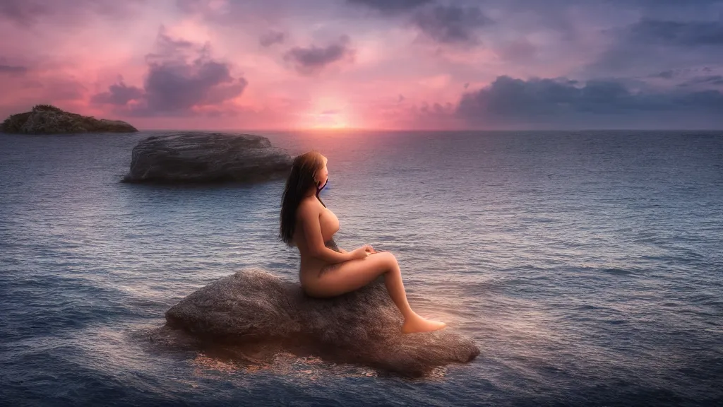 Image similar to a beautiful photograph of a mermaid sits on a rock and stares at the island, sunset lighting, rim light, hyper realistic, 1 0 5 mm, cinematic frame