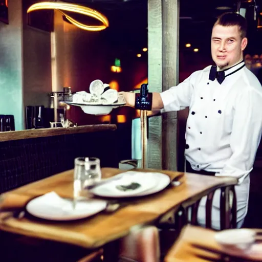 Prompt: photo of a kraken working as a waiter in a restaurant