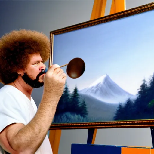 Image similar to a closeup photorealistic photograph of bob ross crafting an image of kenny powers autographing a baseball, painting on a canvas. mountains and trees. film still. brightly lit scene. this 4 k hd image is trending on artstation, featured on behance, well - rendered, extra crisp, features intricate detail, epic composition and the style of unreal engine.