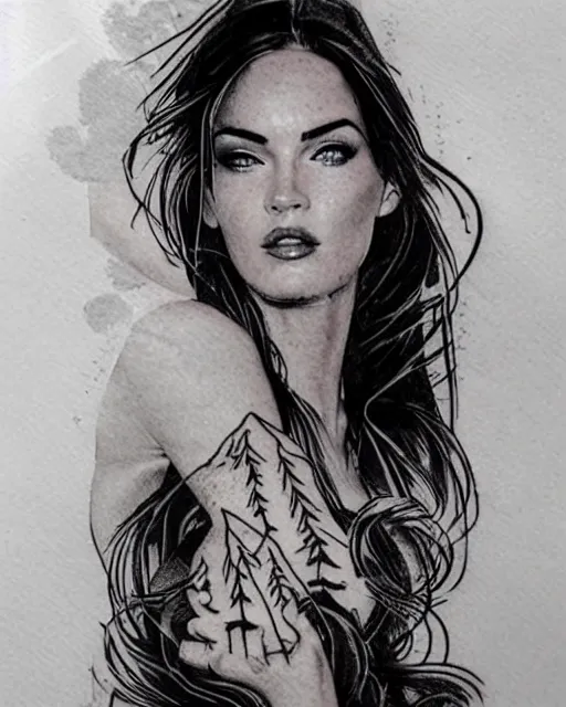 Image similar to creative double exposure effect tattoo design sketch of megan fox with beautiful mountains, realism tattoo, in the style of andrey lukovnikov, amazing detail, sharp