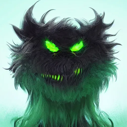 Prompt: epic hairy monster covered in fur with glowing green eyes, concept art, digital character art, artstation, cgsociety