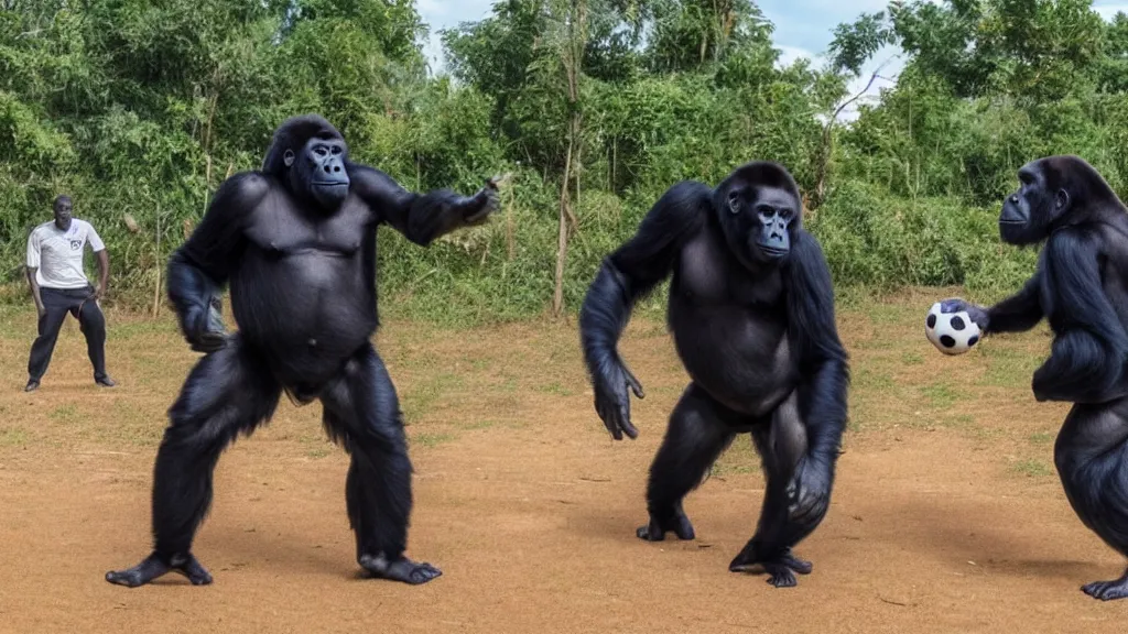 Prompt: gorillas using vr headset playing soccer, vivid