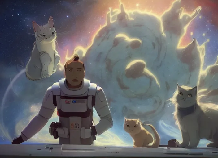 Image similar to a space handsome gay guys and their 1 0 pet space cats staring role in an awesome fun musical sci - fi space opera ghibli animated film, volumetric lighting, octane render by stanley artgerm lau, greg rutkowski, thomas kindkade, alphonse mucha, loish, norman rockwel, 8 k greg rutkowski