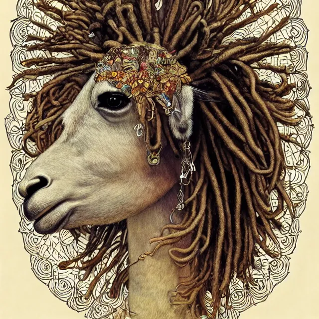 Image similar to llama with dreadlocks, detailed, by ernst haeckel, james jean, mandy jurgens, alphonse mucha