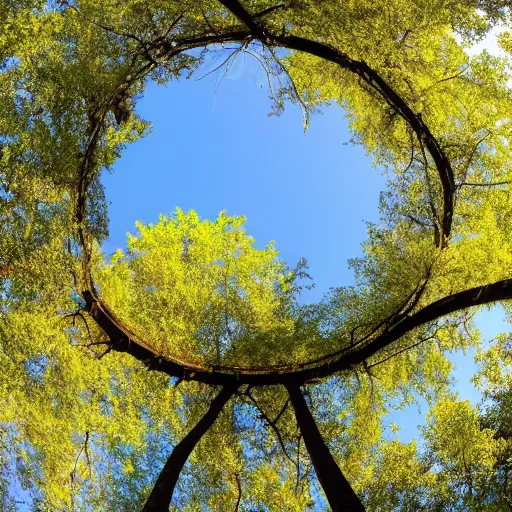 Image similar to looking up into the tree canopy seeing a circular area of the blue sky